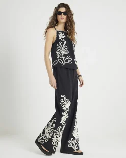 Black Broderie Wide Leg Trousers