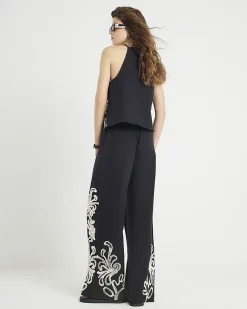 Black Broderie Wide Leg Trousers