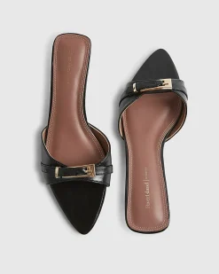 Black Buckle Pointed Heeled Mules