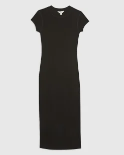 Black Cap Sleeve Ribbed Midi Dress