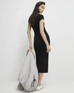 Black Cap Sleeve Ribbed Midi Dress