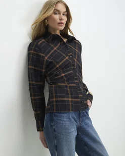 Black Check Shoulder Pad Shirt
