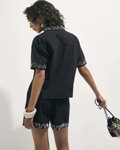 Black Cotton Beaded Floral Shirt