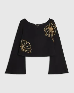 Black Cotton Beaded Knit Top