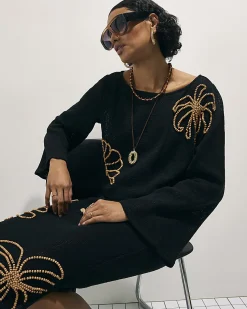 Black Cotton Beaded Knit Top