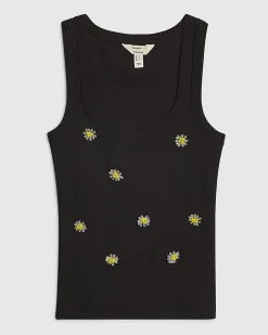 Black Cotton blend Daisy Embellished Tank Top