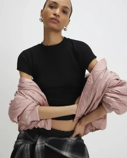 Black Cotton Blend Fitted Ribbed Top