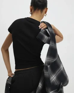 Black Cotton Blend Fitted Ribbed Top