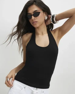 Black Cotton Blend Halter Neck Tank Top