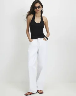 Black Cotton Blend Halter Neck Tank Top