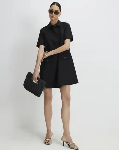 Black Cotton Blend Mini Shirt Dress