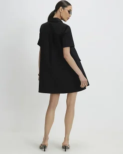 Black Cotton Blend Mini Shirt Dress