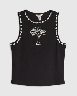 Black Cotton Blend Palm Tree Ribbed Vest Top