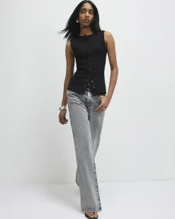 Black Cotton Blend Popper Tank Top