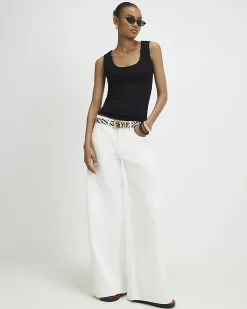 Black Cotton Blend Rib Square Neck Tank Top