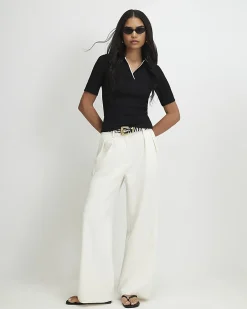 Black Cotton Blend Ribbed Polo Top