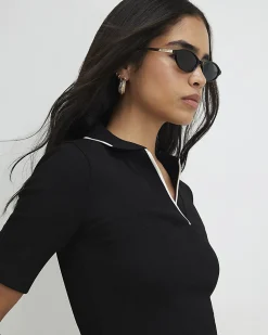 Black Cotton Blend Ribbed Polo Top