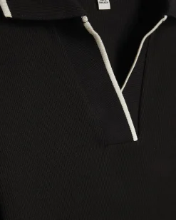 Black Cotton Blend Ribbed Polo Top
