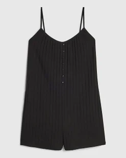 Black Cotton Blend Ribbed Button Playsuit