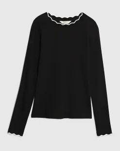 Black Cotton Blend Scallop Trim Top