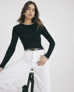 Black Cotton Blend Scallop Trim Top