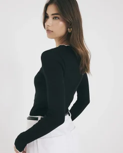 Black Cotton Blend Scallop Trim Top