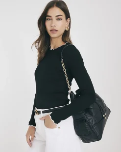 Black Cotton Blend Scallop Trim Top