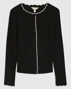 Black Cotton Blend Scallop Trim Button Top