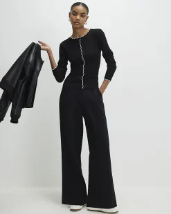 Black Cotton Blend Scallop Trim Button Top