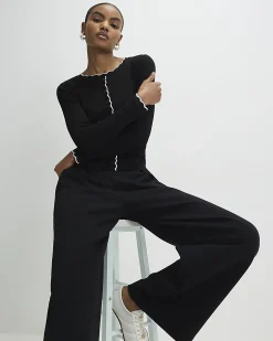 Black Cotton Blend Scallop Trim Button Top