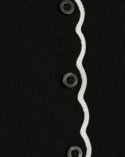 Black Cotton Blend Scallop Trim Button Top