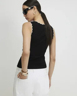 Black Cotton Blend Scallop Trim Tank Top