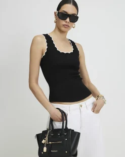 Black Cotton Blend Scallop Trim Tank Top