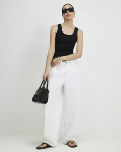 Black Cotton Blend Scallop Trim Tank Top