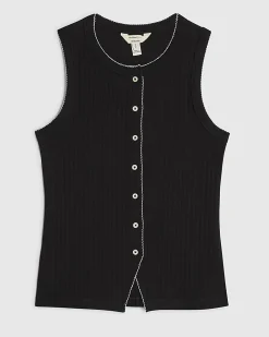 Black Cotton Blend Scallop Trim Ribbed Top
