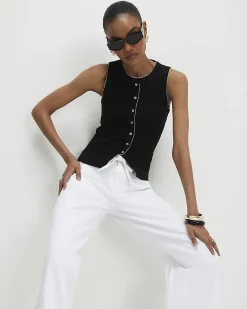 Black Cotton Blend Scallop Trim Ribbed Top