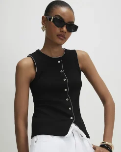 Black Cotton Blend Scallop Trim Ribbed Top