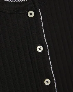 Black Cotton Blend Scallop Trim Ribbed Top