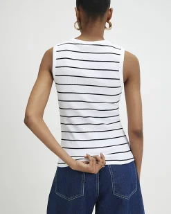 Black Cotton Blend Stripe Popper Tank Top