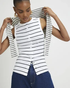 Black Cotton Blend Stripe Popper Tank Top