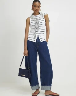 Black Cotton Blend Stripe Popper Tank Top