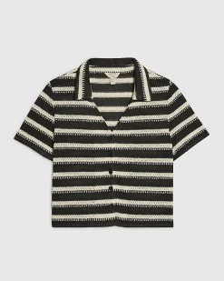 Black Cotton Blend Striped Crochet Shirt