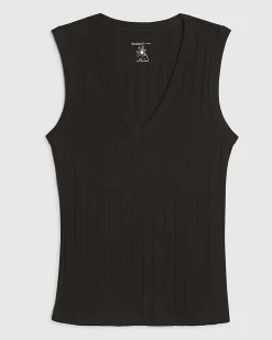 Black Cotton blend Wide Ribbed Tank Top