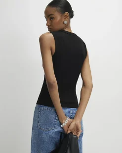Black Cotton blend Wide Ribbed Tank Top