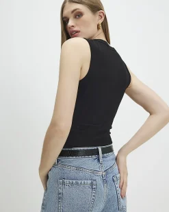 Black Cotton Blend Wide Ribbed Tank Top
