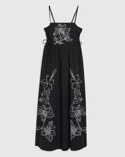 Black Cotton Broderie Tie Side Midi Dress