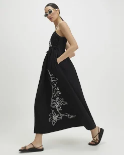Black Cotton Broderie Tie Side Midi Dress