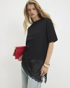 Black Cotton Lace Hem Asymmetric T-Shirt