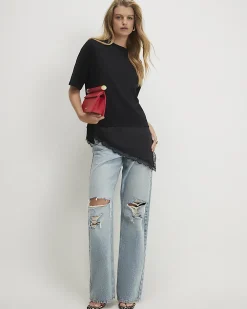 Black Cotton Lace Hem Asymmetric T-Shirt