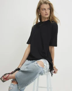 Black Cotton Lace Hem Asymmetric T-Shirt